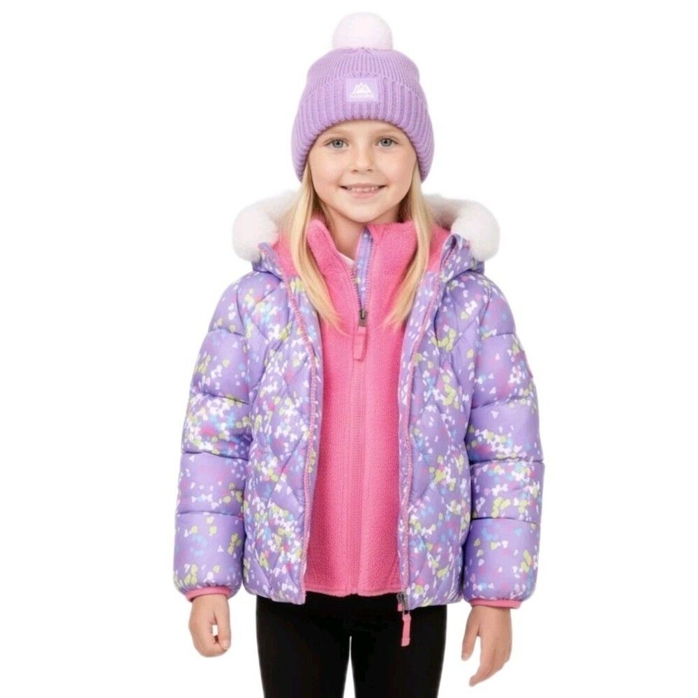 Snozu Girls Purple Puffer Fleece Lined Winter Jacket Hat Set Size 5 Heavyweight
